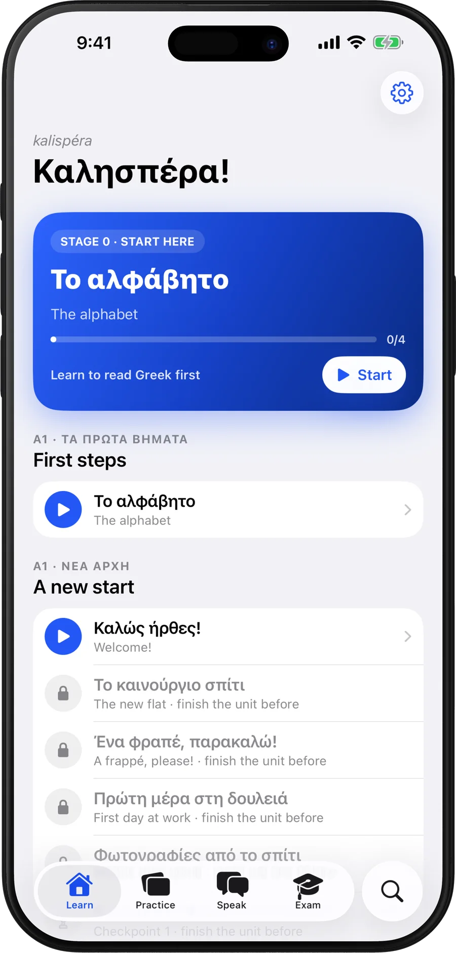 The HellaLingo Learn screen: start with the Greek alphabet, then the units of the course.